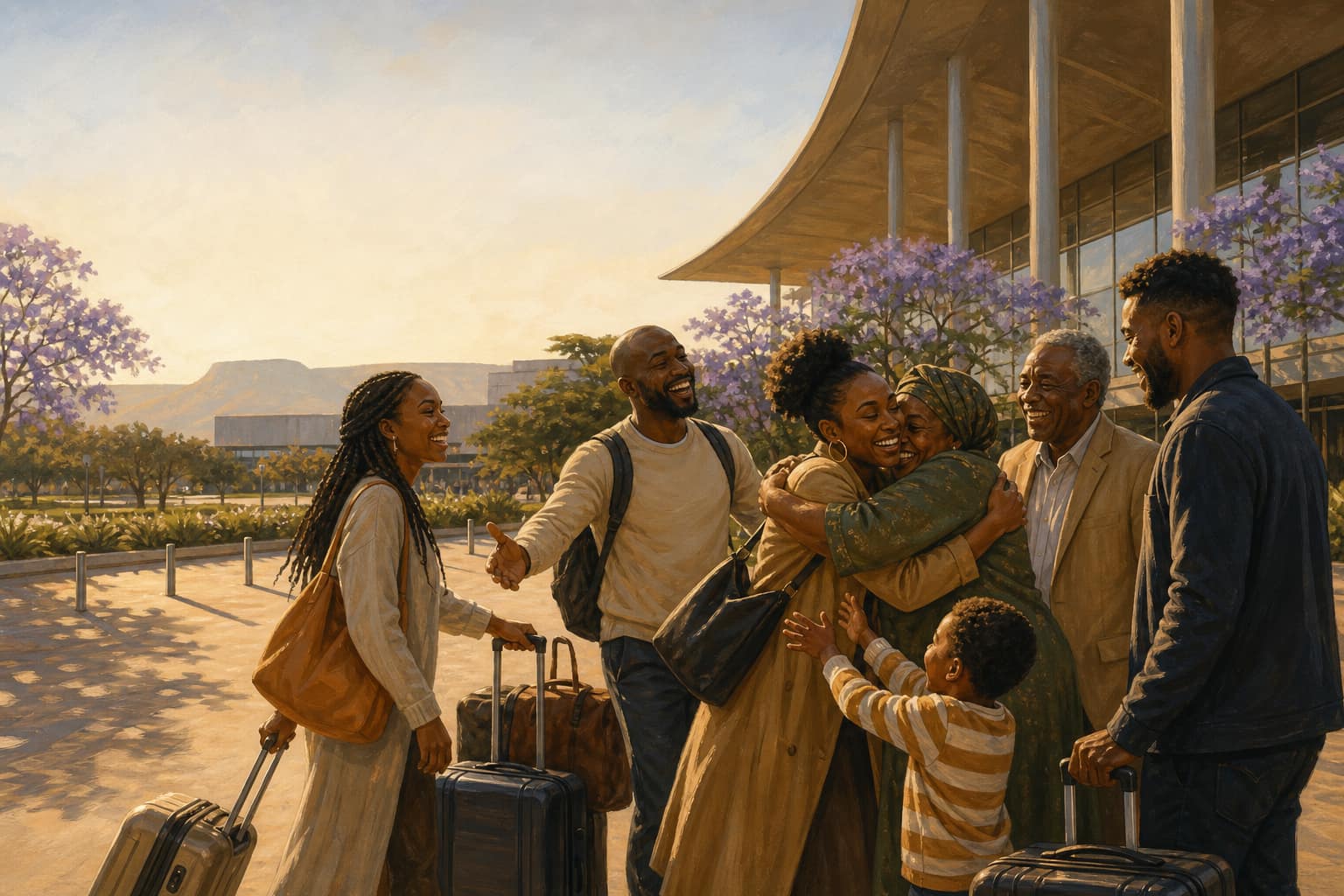 Diaspora travellers reuniting with family outside Harare airport