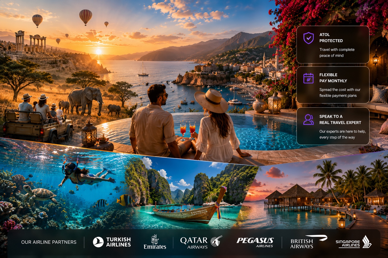 Travel Orbit — premium holidays across the Mediterranean, Africa, Southeast Asia and beyond: coastal sunsets, safari wildlife, overwater villas and reef diving